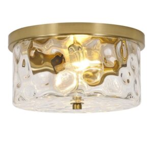 LamQee 12" 2-Light Brass Gold Flush Mount Ceiling Light Water Ripple Glass Shade