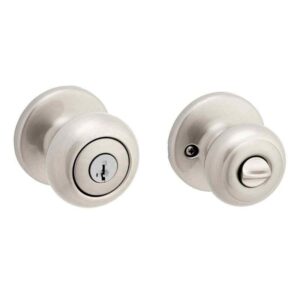 Kwikset Cove Satin Nickel Keyed Entry Door Knob featuring SmartKey Security