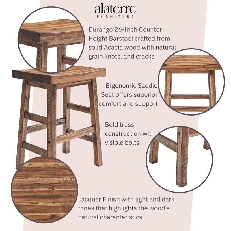 Alaterre Furniture Durango 26" H Wood Counter-Height Bar Stool, Saddle Seat - Image 1209