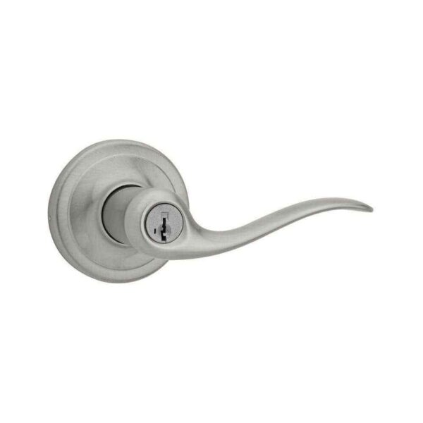Kwikset Tustin Satin Nickel Entry Door Handle Featuring SmartKey Security