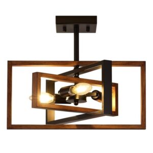 LWYTJO Ekber 15.8 in. 3-Light Black/Brown Rustic Rectangle Semi Flush Mount