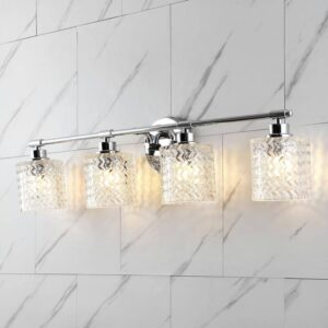 JONATHAN Y Spaulding 31.5" 4-Light Iron/Chevron Glass Farmhouse LED Vanity Light