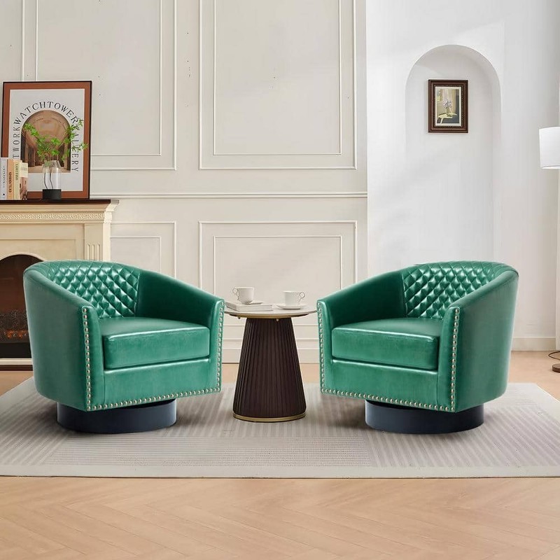 Uixe Green PU Leather 360 Swivel Accent Arm Chair Set of 2 - Image 16