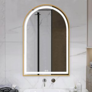 Dovelina 26" W x 38" H Arched Framed LED Anti-Fog Dimmable Bathroom Mirror Gold