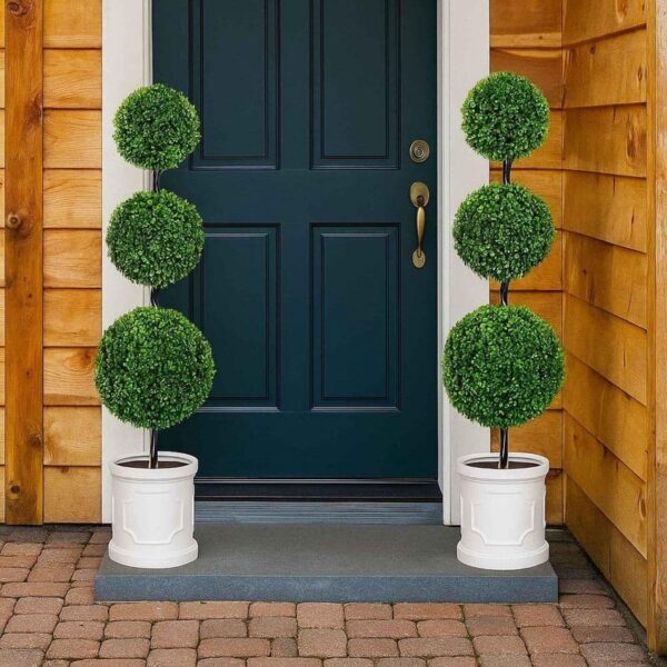VIVATREES 3 ft. Artificial Triple Ball Topiary Tree Faux Shrubs White Pot