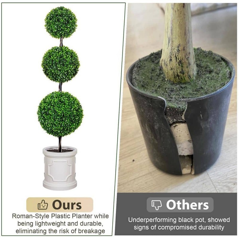 VIVATREES 3 ft. Artificial Triple Ball Topiary Tree Faux Shrubs White Pot - Image 12