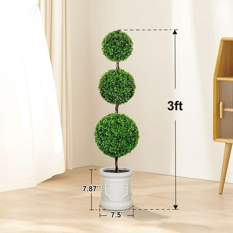 VIVATREES 3 ft. Artificial Triple Ball Topiary Tree Faux Shrubs White Pot - Image 13