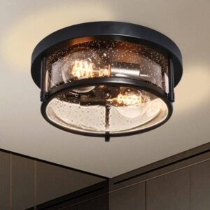 HUOKU Lumin 11.8 in. 2-Light Matte Black Drum Flush Mount Seeded Glass Shade