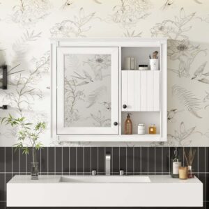 Polibi 32" W x 27.75" H Rectangular MDF Medicine Cabinet White Mirror 3-Shelves