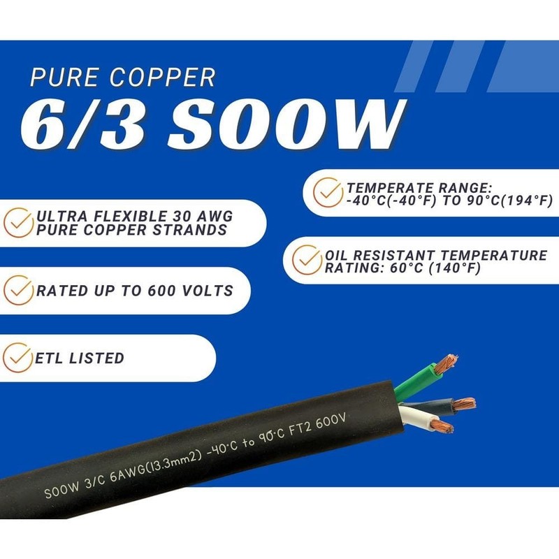 WindyNation 5 ft. 6/3 6-Gauge 3 Conductor 600-Volt Black SOOW Cord - Image 2
