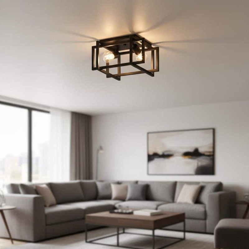 YANSUN 11.5 in. 2-Light Matte Black Square Frame Flush Mount Ceiling Light
