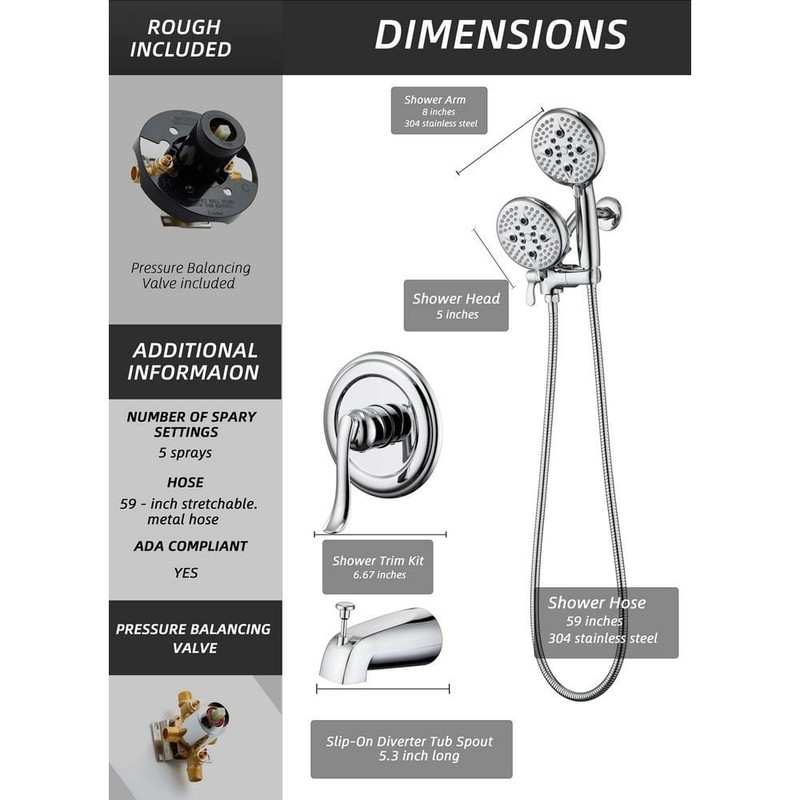 ELLO&ALLO 24-Spray Tub Shower Faucet Handheld Combo 5 in. Chrome Head - Image 5