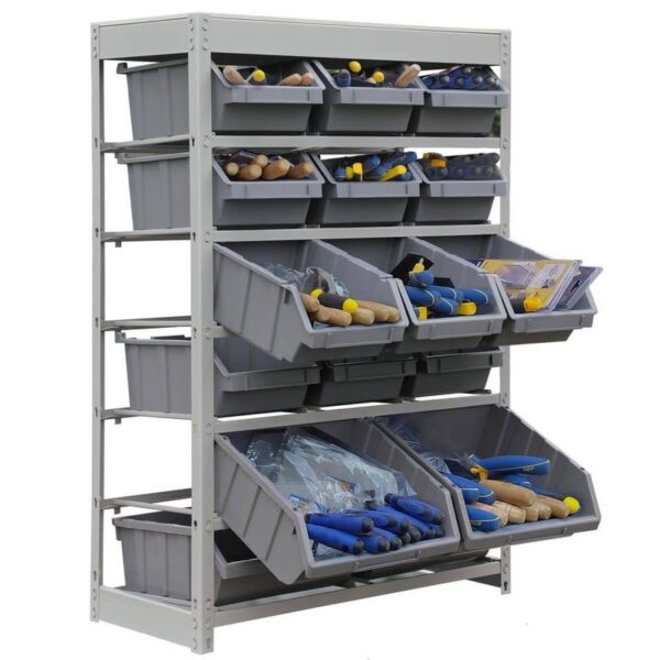 KING'S RACK Gray 6-Tier Boltless Storage Rack with 16 Plastic Bins