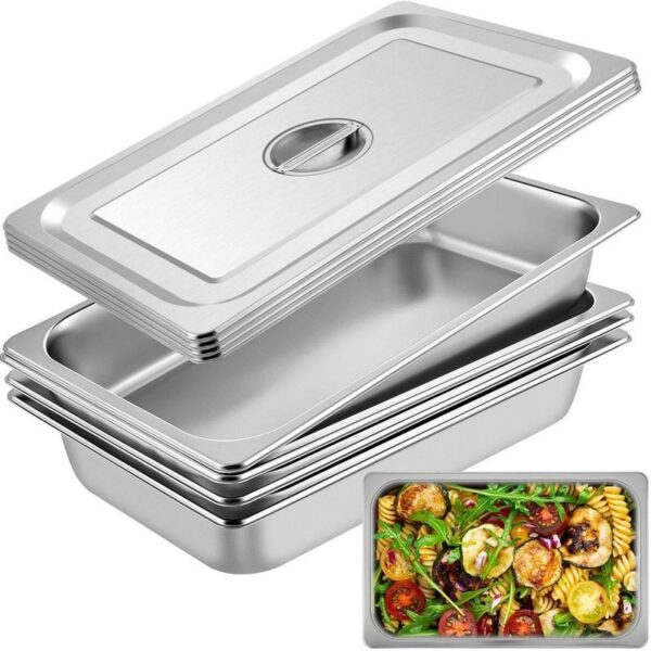 VEVOR 13.7 qt. Stainless Steel Hotel Pan 20.9x12.8x3.9 in. with Lid (4-Pack)