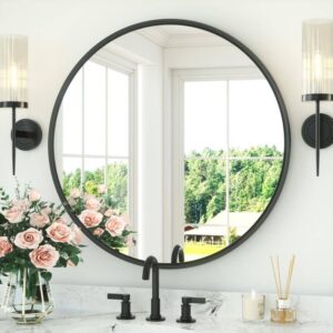 KeonJinn 32" W x 32" H Round Metal Black Framed Bathroom Vanity Mirror