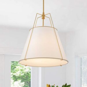 HUOKU Modern Farmhouse 4-Light Brass Pendant Light White Fabric Shade Kitchen