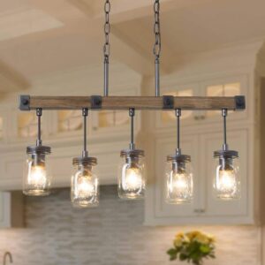 LNC Morice 5-Light Rustic Black Mason Jar Pendant Chandelier with Wood Accent