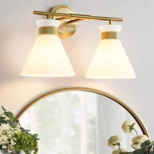 KAISITE 17.3" 2-Light Brushed Gold Vanity Light Milk White Glass Shade