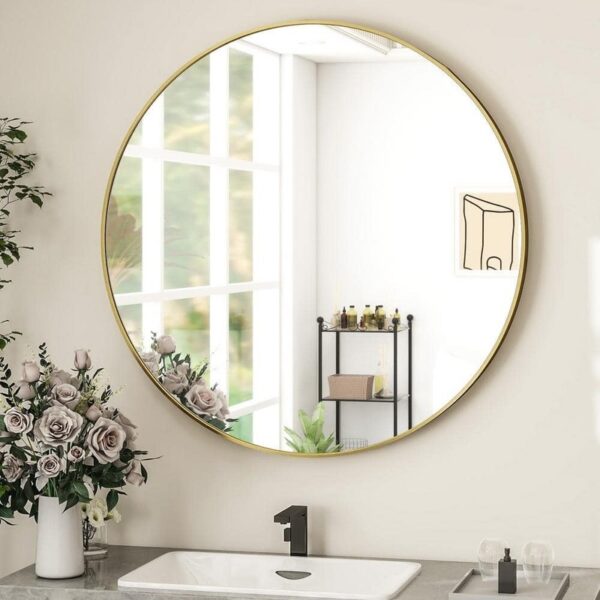 GLSLAND 24 in. W x 24 in. H Round Metal Framed Wall Bathroom Vanity Mirror Gold