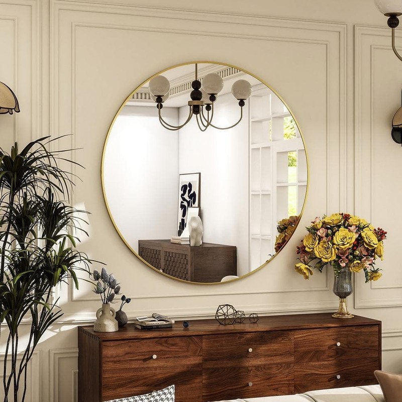 GLSLAND 24 in. W x 24 in. H Round Metal Framed Wall Bathroom Vanity Mirror Gold - Image 2