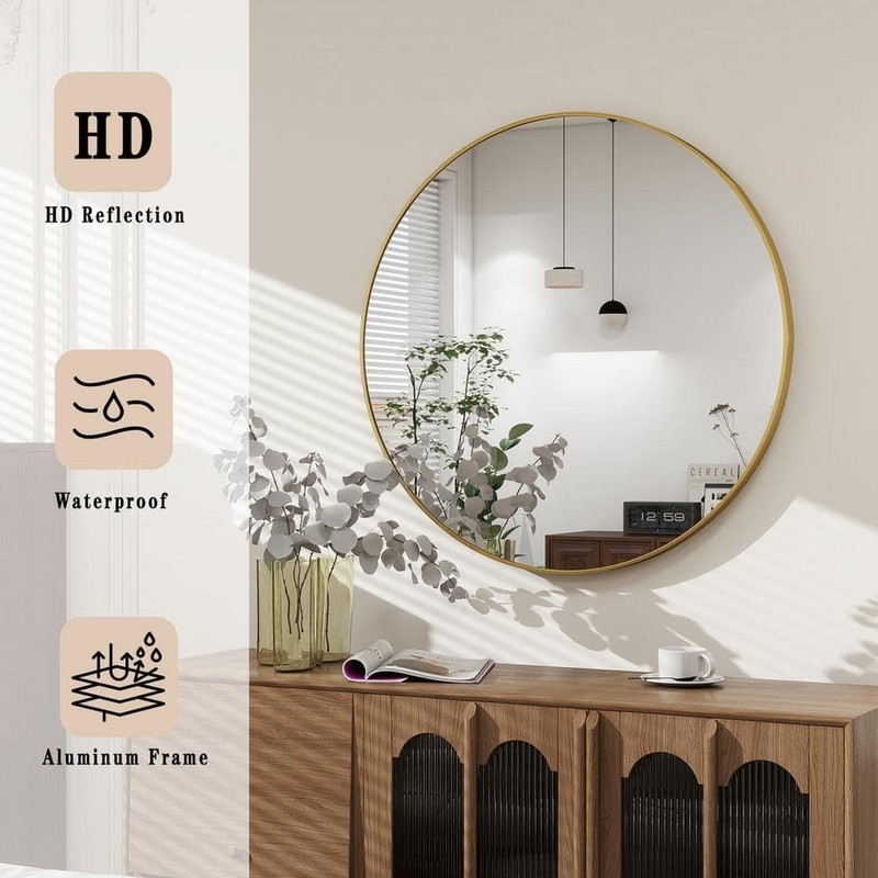 GLSLAND 24 in. W x 24 in. H Round Metal Framed Wall Bathroom Vanity Mirror Gold - Image 3
