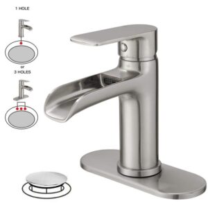 HOMEMYSTIQUE Single Handle Waterfall Bathroom Faucet Brushed Nickel, Deck Plate