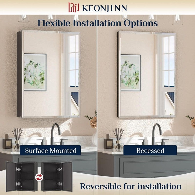 KeonJinn 14x18 in. Beveled Frameless Medicine Cabinet Mirror Surface/Recessed - Image 4