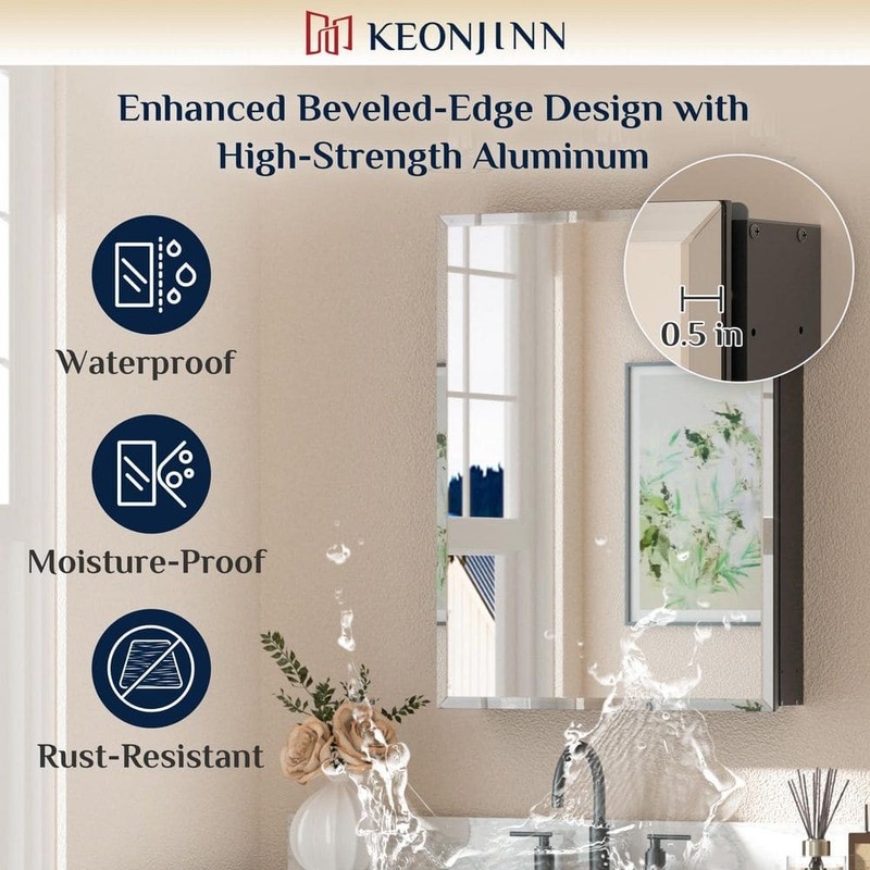 KeonJinn 14x18 in. Beveled Frameless Medicine Cabinet Mirror Surface/Recessed - Image 5