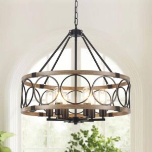ETONIMERR 21.65" 6-Light Brown/Black Rustic Farmhouse Drum Chandelier