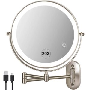 GQB 8.5" Round LED Wall Mount Bathroom Makeup Mirror 1X/20X Magnifying - Nickel