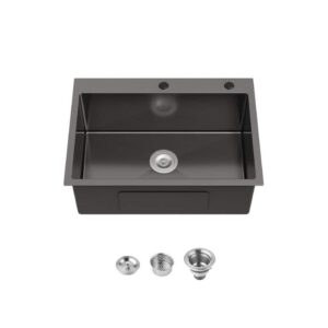 BEARSOLIM 15x25" Drop-In Single Bowl Matte Black Stainless Steel Sink with Drain