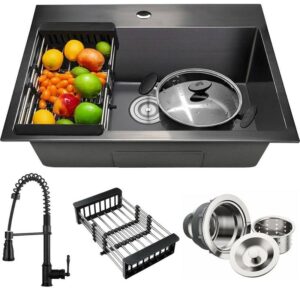 AKDY Matte Black Stainless Steel 25x22 Drop-In Single Bowl Kitchen Sink & Faucet