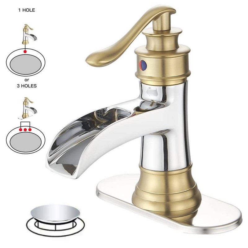 BWE Waterfall Single Handle Low-Arc Bathroom Faucet Chrome Gold