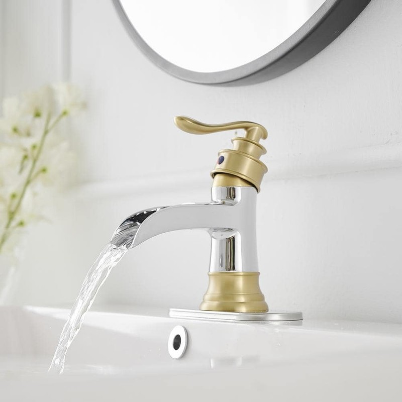 BWE Waterfall Single Handle Low-Arc Bathroom Faucet Chrome Gold - Image 2