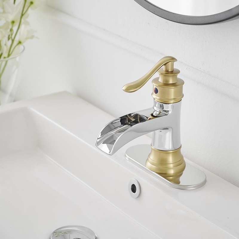 BWE Waterfall Single Handle Low-Arc Bathroom Faucet Chrome Gold - Image 3