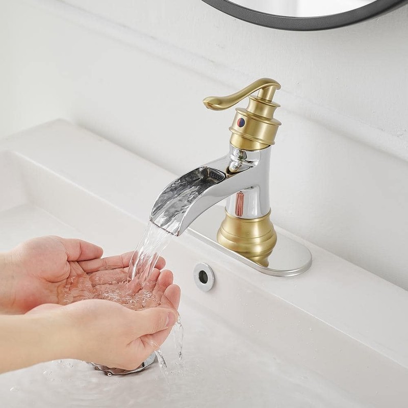 BWE Waterfall Single Handle Low-Arc Bathroom Faucet Chrome Gold - Image 4
