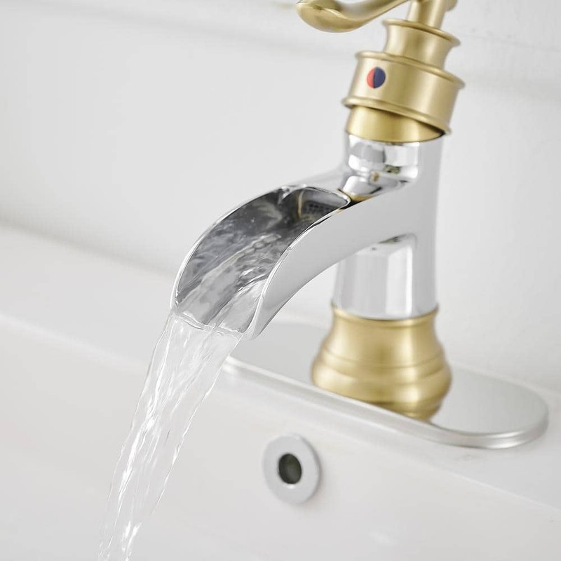 BWE Waterfall Single Handle Low-Arc Bathroom Faucet Chrome Gold - Image 9