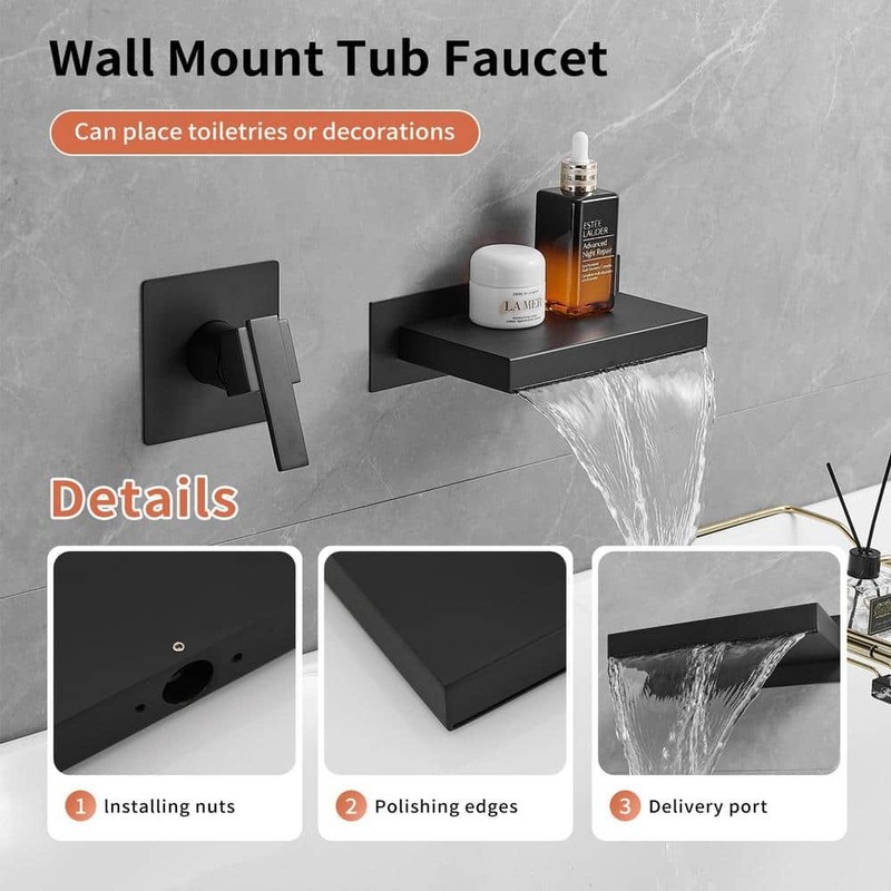 BWE Wall Mount Sink Faucet Tub Filler Matte Black Waterfall Spout - Image 3