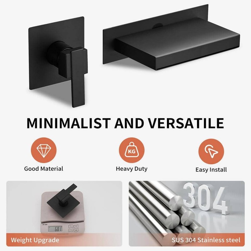 BWE Wall Mount Sink Faucet Tub Filler Matte Black Waterfall Spout - Image 4