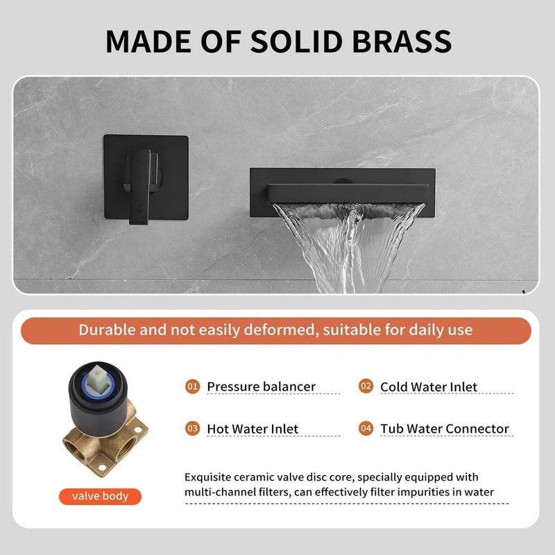 BWE Wall Mount Sink Faucet Tub Filler Matte Black Waterfall Spout - Image 5