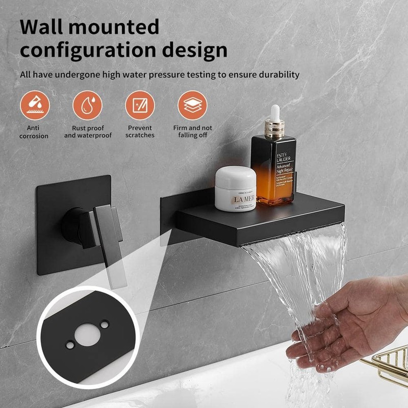 BWE Wall Mount Sink Faucet Tub Filler Matte Black Waterfall Spout - Image 6