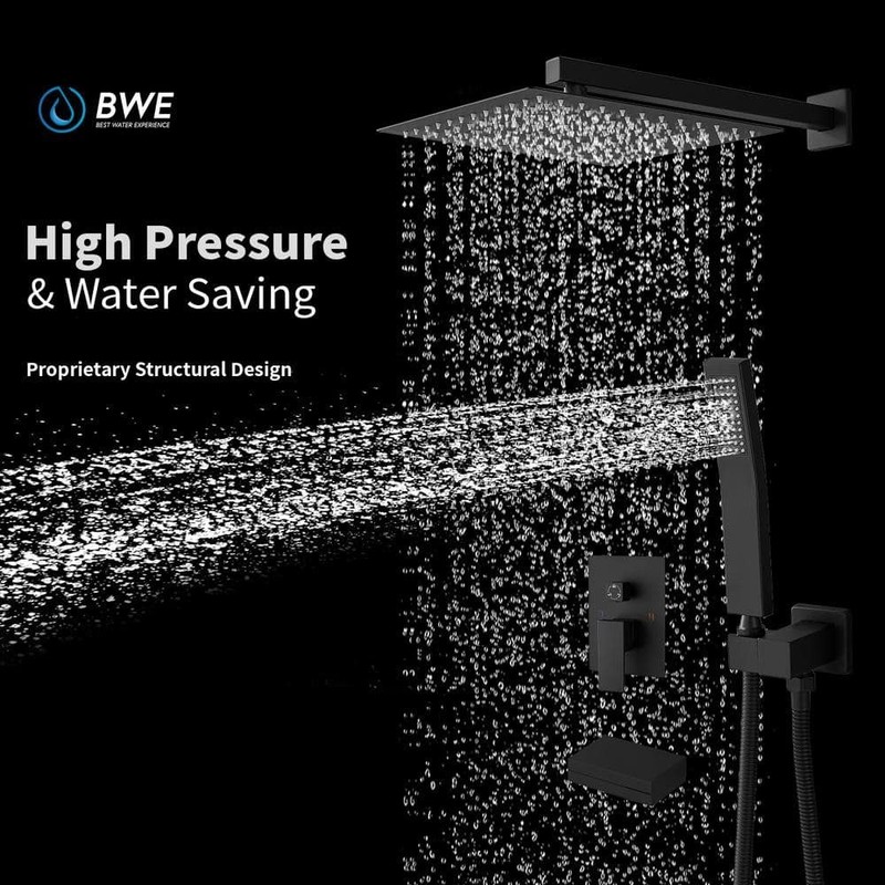 BWE Single Handle 12 in. Shower Faucet 2.5 GPM Matte Black Tub Hand Shower - Image 2