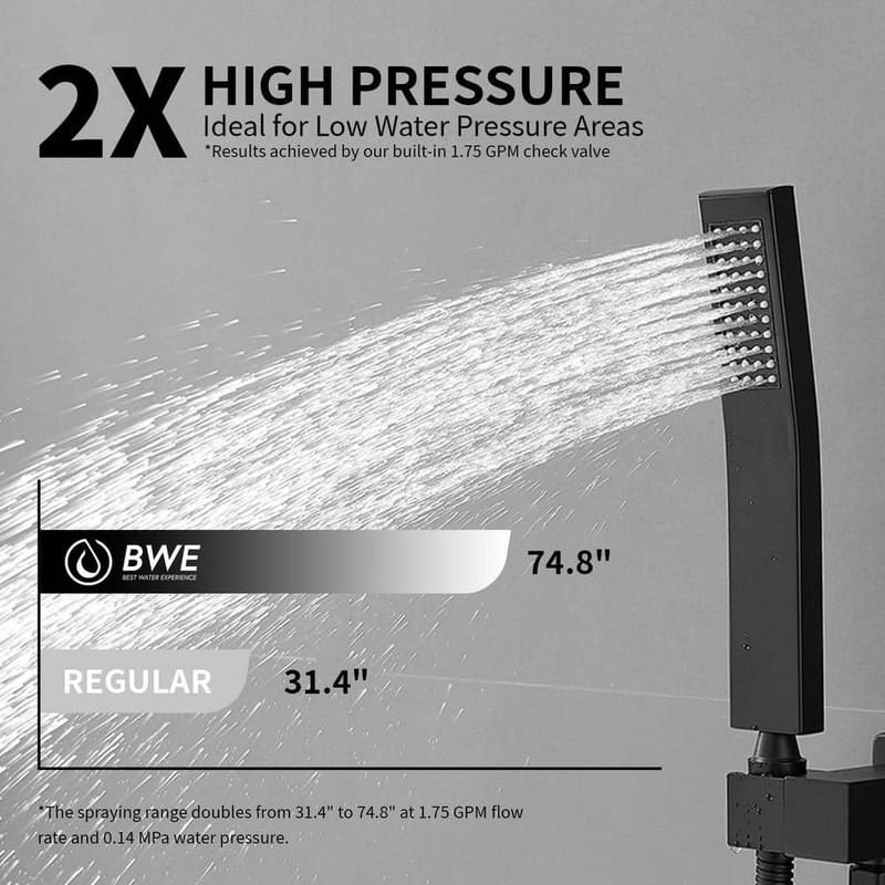 BWE Single Handle 12 in. Shower Faucet 2.5 GPM Matte Black Tub Hand Shower - Image 3