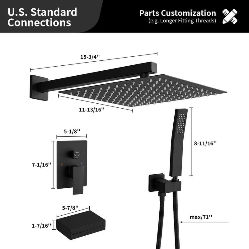 BWE Single Handle 12 in. Shower Faucet 2.5 GPM Matte Black Tub Hand Shower - Image 6