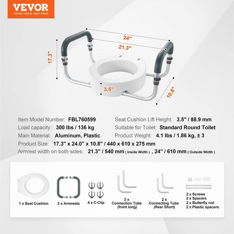 VEVOR Raised Toilet Seat 10"x24" White 300 lbs Capacity for Round Toilet - Image 7