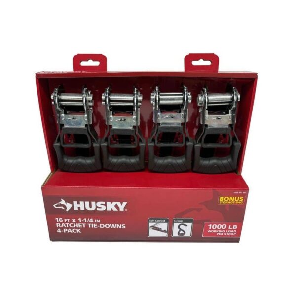 Husky 16 ft. 1.25 in. Ratchet Tie-Down Straps with S-Hook (4-Pack)