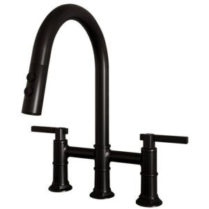 BWE Modern Double Handle Bridge Kitchen Faucet 3-Holes 360 Swivel Spout Black