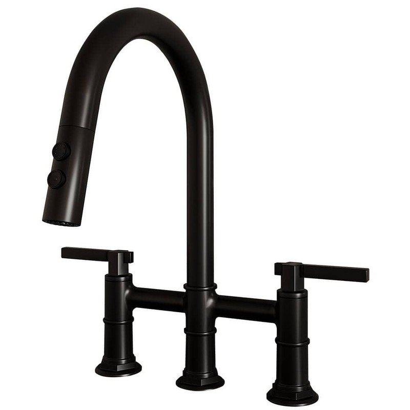 BWE Modern Double Handle Bridge Kitchen Faucet 3-Holes 360 Swivel Spout Black