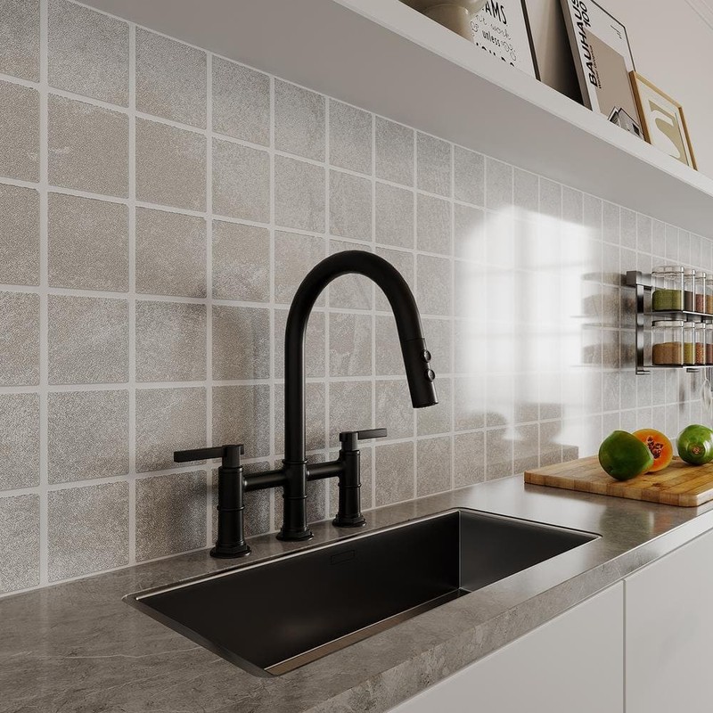 BWE Modern Double Handle Bridge Kitchen Faucet 3-Holes 360 Swivel Spout Black - Image 2