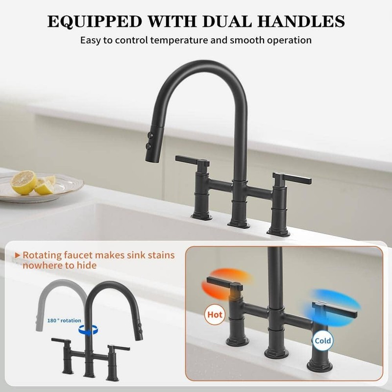 BWE Modern Double Handle Bridge Kitchen Faucet 3-Holes 360 Swivel Spout Black - Image 3